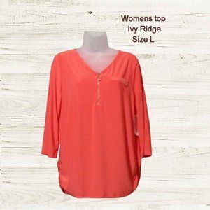 Ivy Ridge womens top size L ¾ sleeves front zipper coral pink Nwot